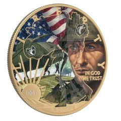 2021 Ghost Army World War 2 Silver American Eagle 24K Gold Gilding with Transparent Varnish Hidden Walking Liberty Effect 1 oz Silver Coin $1 US Mint .999 Fine History Coin®  (w/ Display Stand)